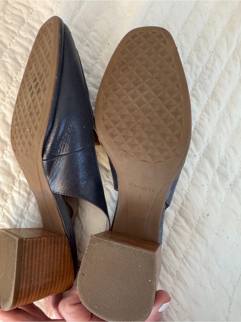 Slingback Block Heel Loafers in Navy Leather - Picture 3 of 4